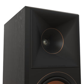 Klipsch RP-600M II Tractrix horn close-up yielding crisper imaging.