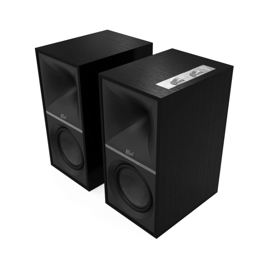 Klipsch The Sevens Heritage speakers rear view showing connections for Bluetooth, optical, and subwoofer setup.