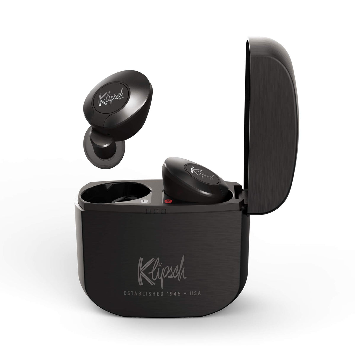Klipsch T5 II gunmetal earphones in front view with secure fit.