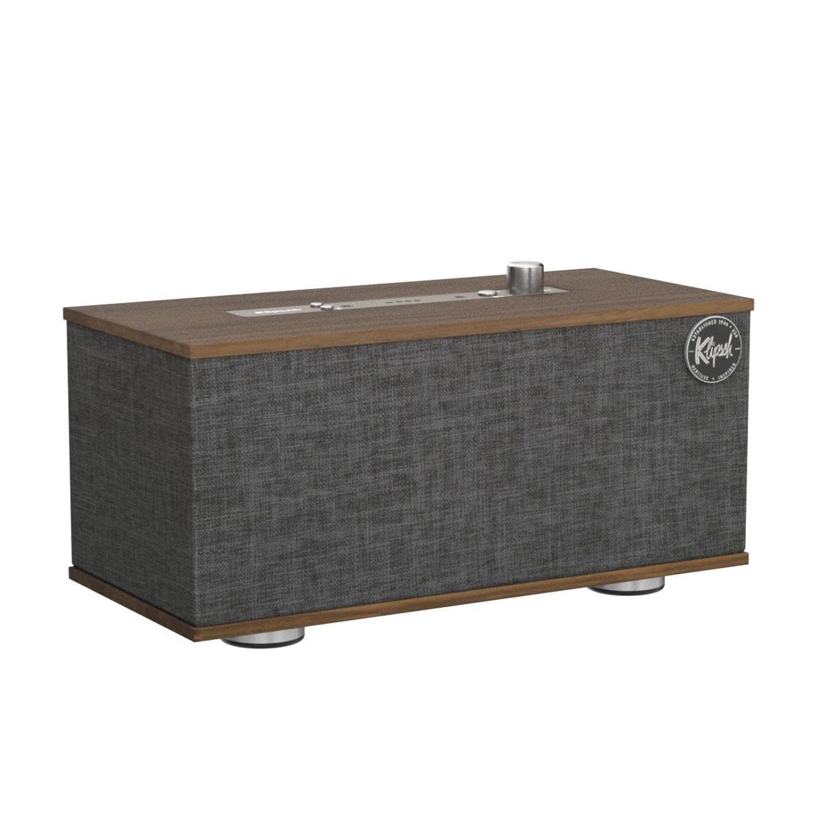Rear ports of Klipsch The One walnut model for tidy cable management