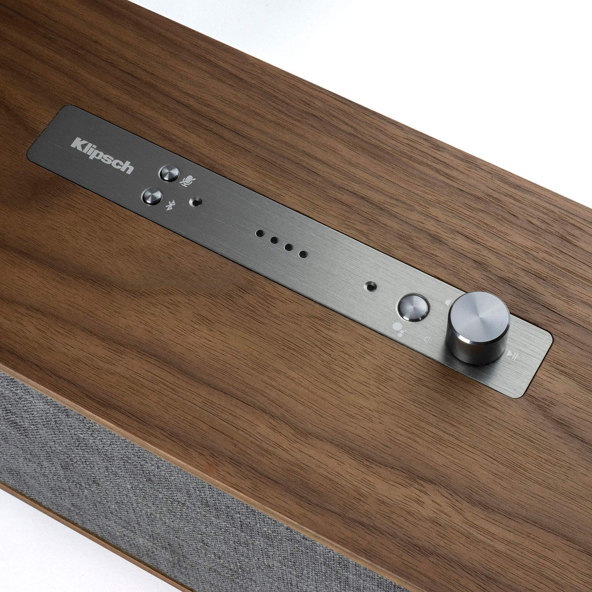 Close-up of metal control knobs on Klipsch The One for tactile feel and control