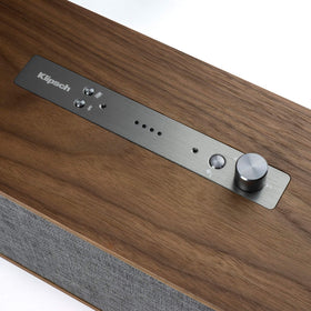 Close-up of metal control knobs on Klipsch The One for tactile feel and control