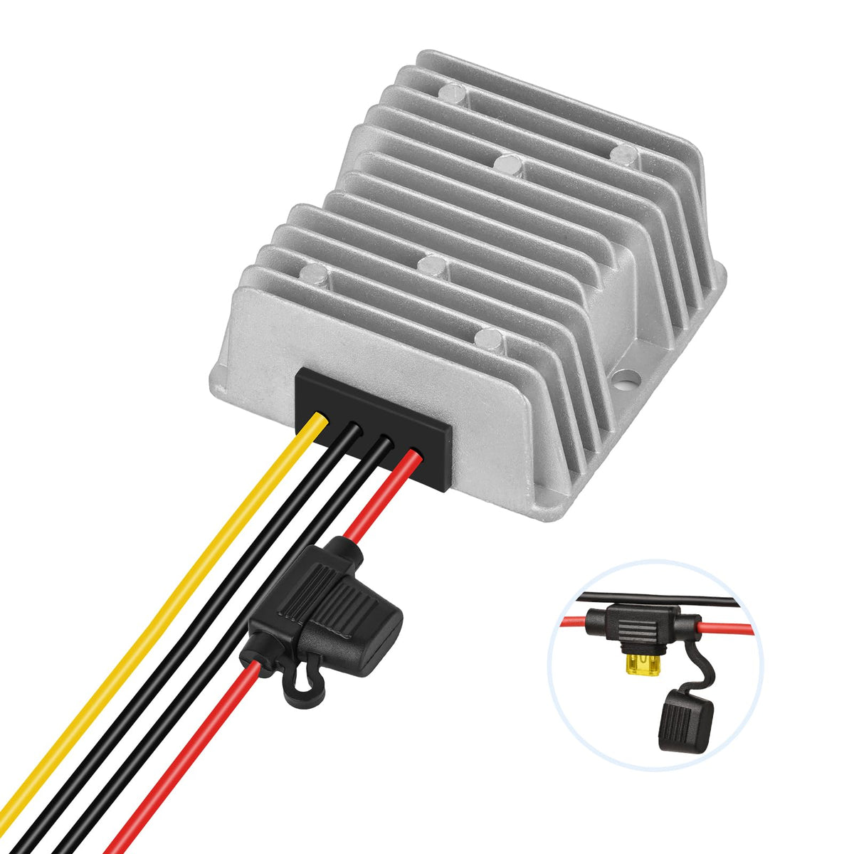 Klnuoxj 20A 240W DC-DC converter close-up showing rugged build for reliability