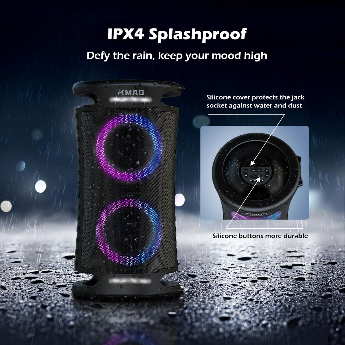 KMAG inputs include mic and USB for versatile performances.