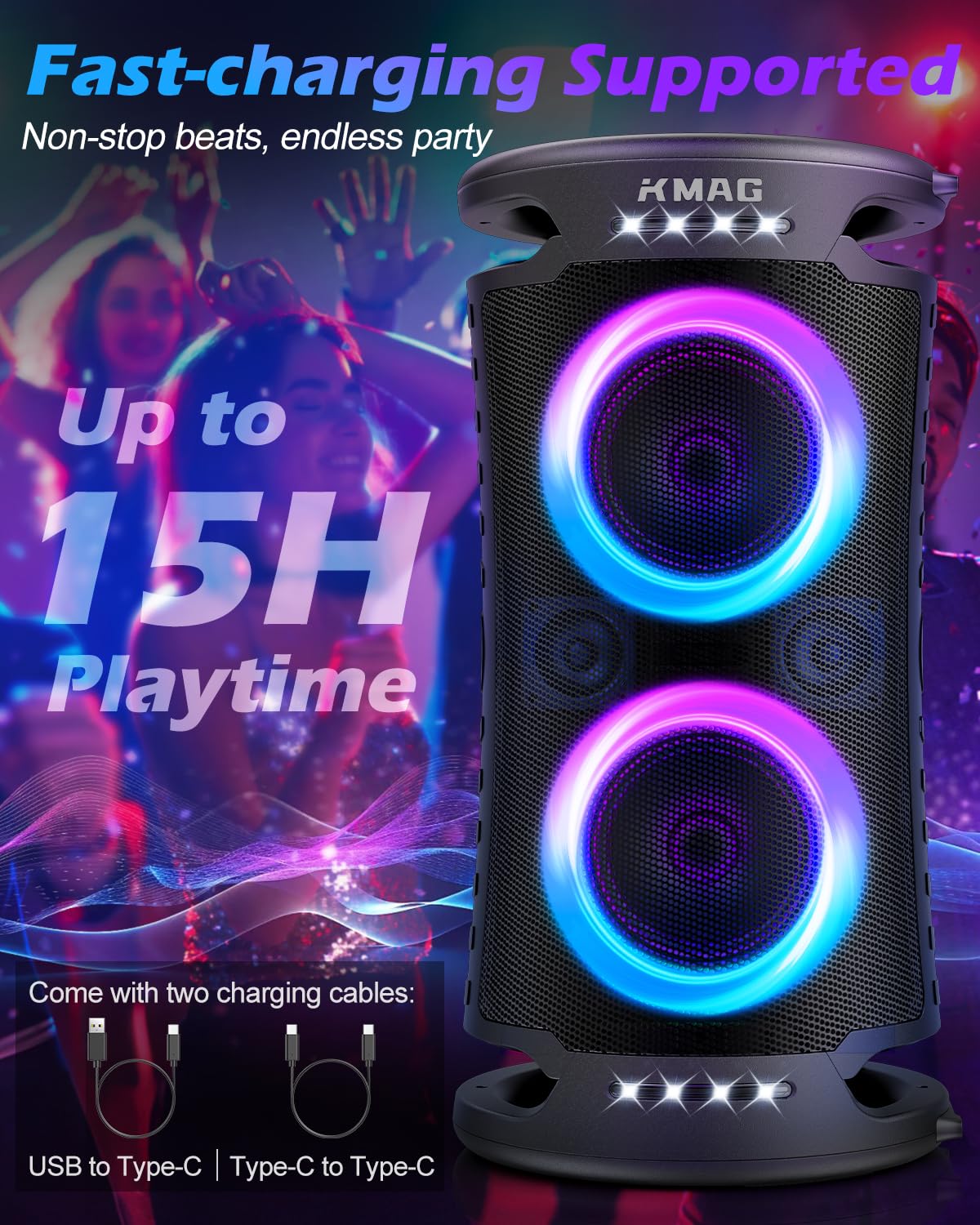 KMAG large party speaker RGB light show demonstrates music-synced visuals.