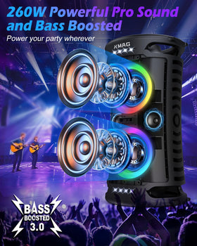 KMAG speaker side view highlighting portable party-ready design.