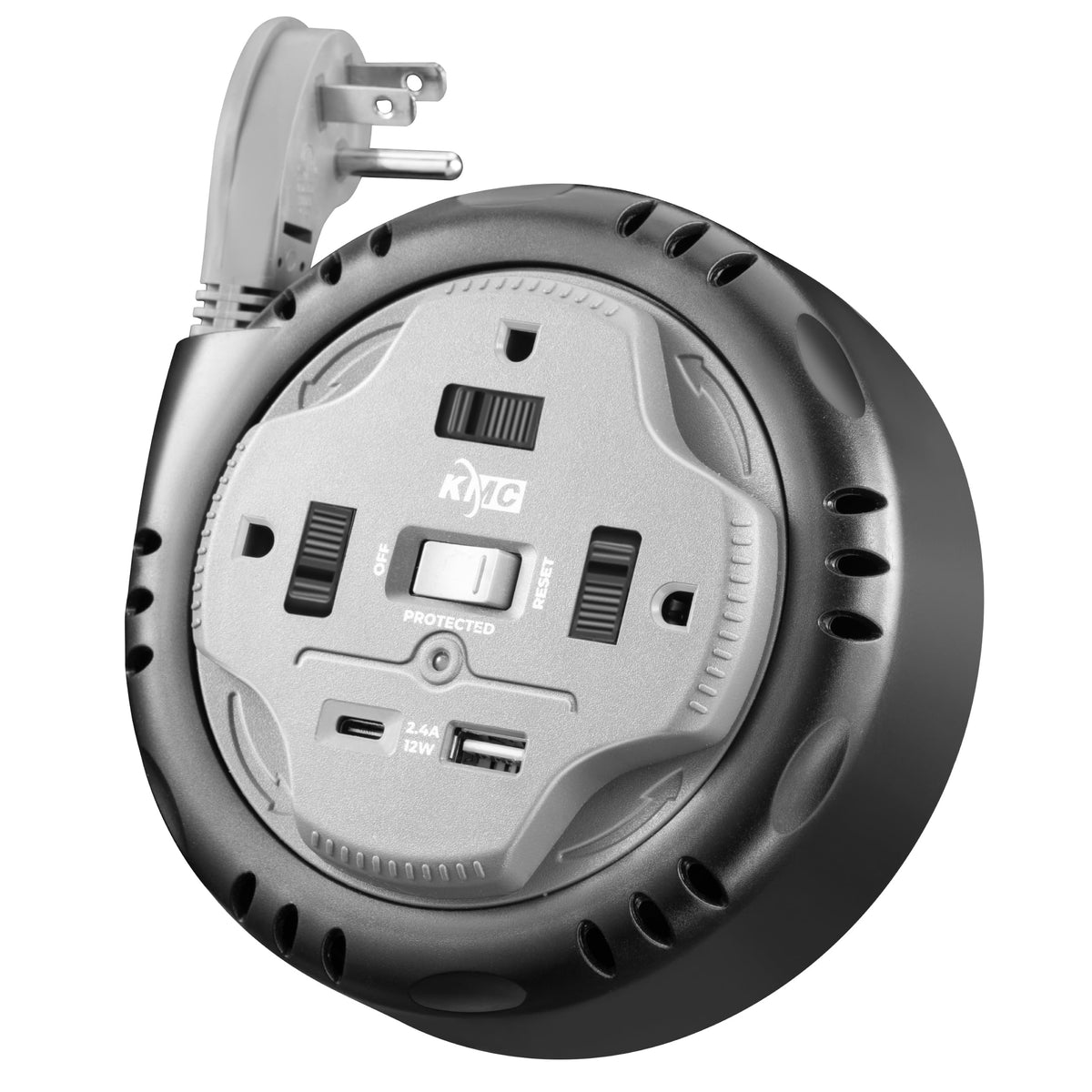 KMC 3-Outlet Surge Twist Reel with three outlets ready for simultaneous device charging.