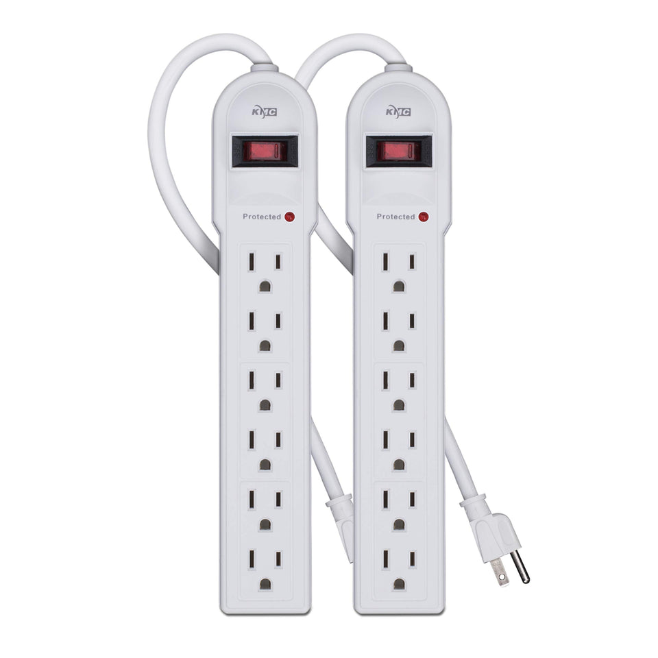 KMC 6-outlet surge protector 2-pack, front view, protects devices from power surges.