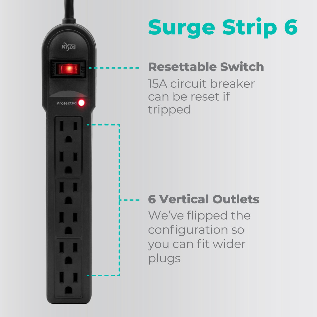 KMC 6-outlet surge protector 2-pack side view showing compact housing