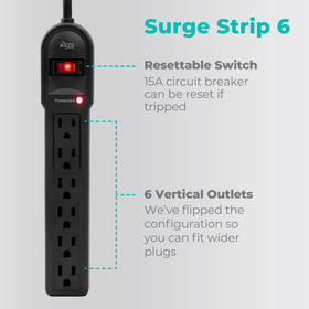 KMC 6-outlet surge protector 2-pack side view showing compact housing
