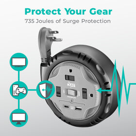 KMC 735 joules surge protection shields electronics from spikes during storms.