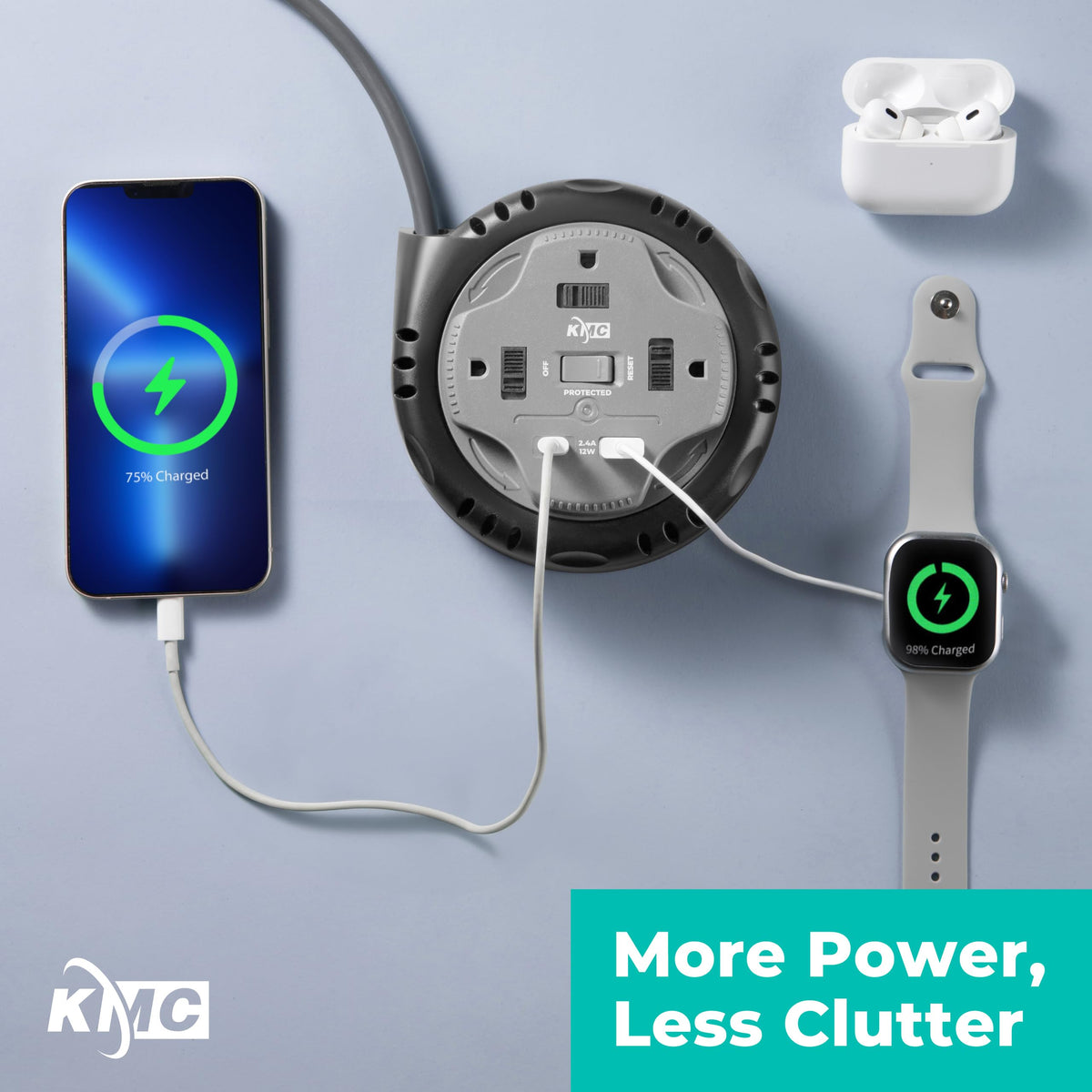 KMC compact power strip in use powers multiple devices without clutter.