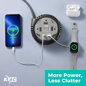 KMC compact power strip in use powers multiple devices without clutter.