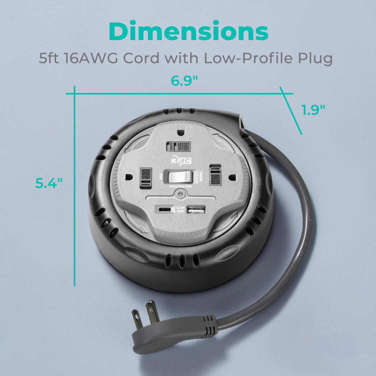 KMC retractable 5 ft cord keeps desks tidy and cables out of the way.