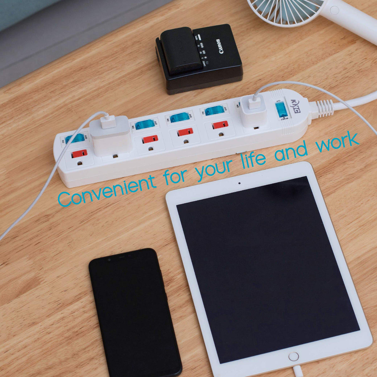 KMC power strip featuring a four-foot cord for easy reach and placement.