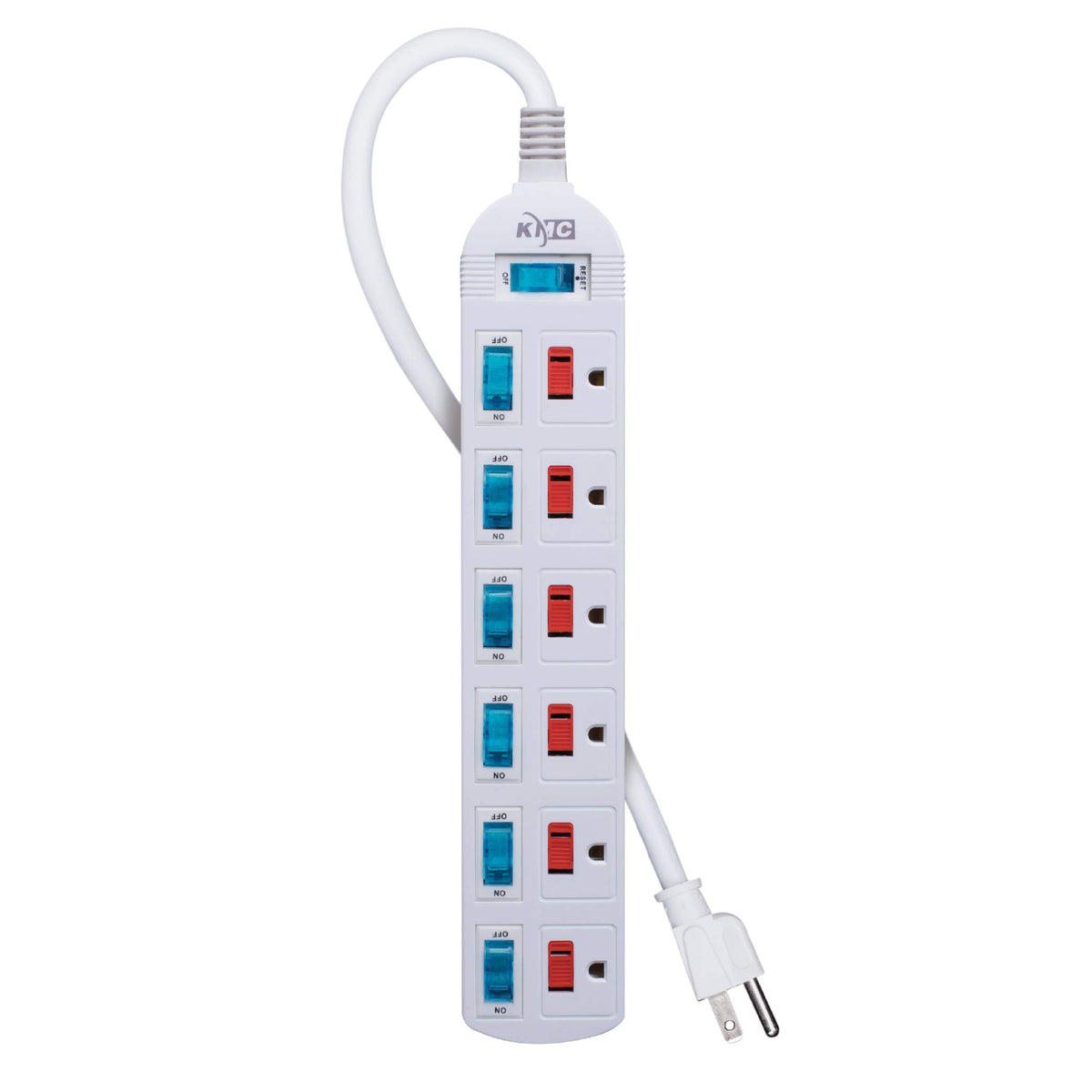 KMC six-outlet power strip with independent illuminated switches for individual control.