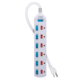 KMC six-outlet power strip with independent illuminated switches for individual control.