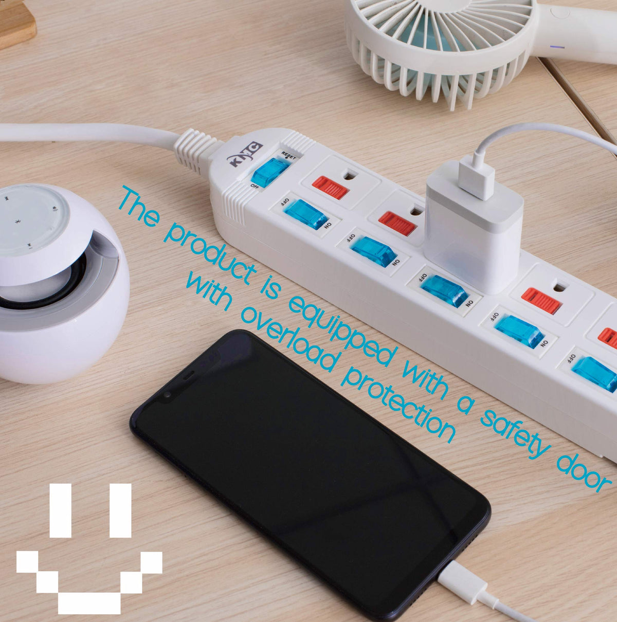 KMC power strip with wall-mount holes for flexible placement.