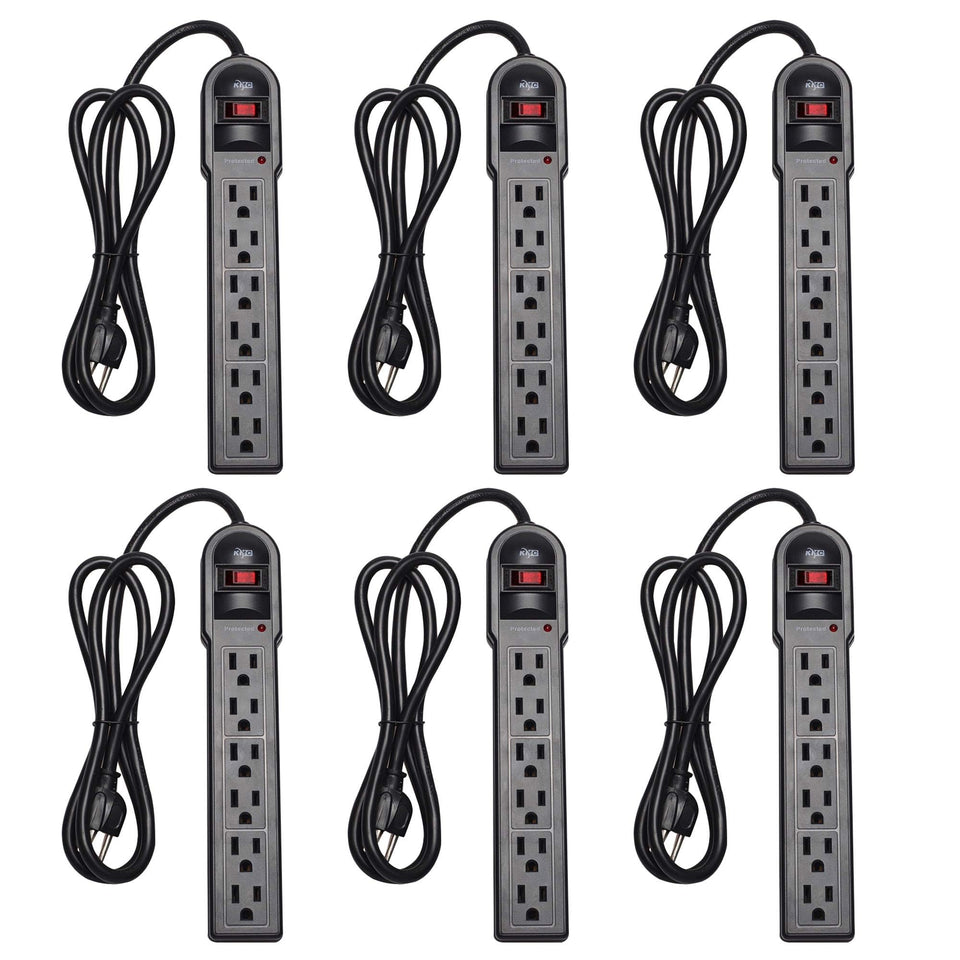 KMC six-outlet surge protector front view for organized desk power access.
