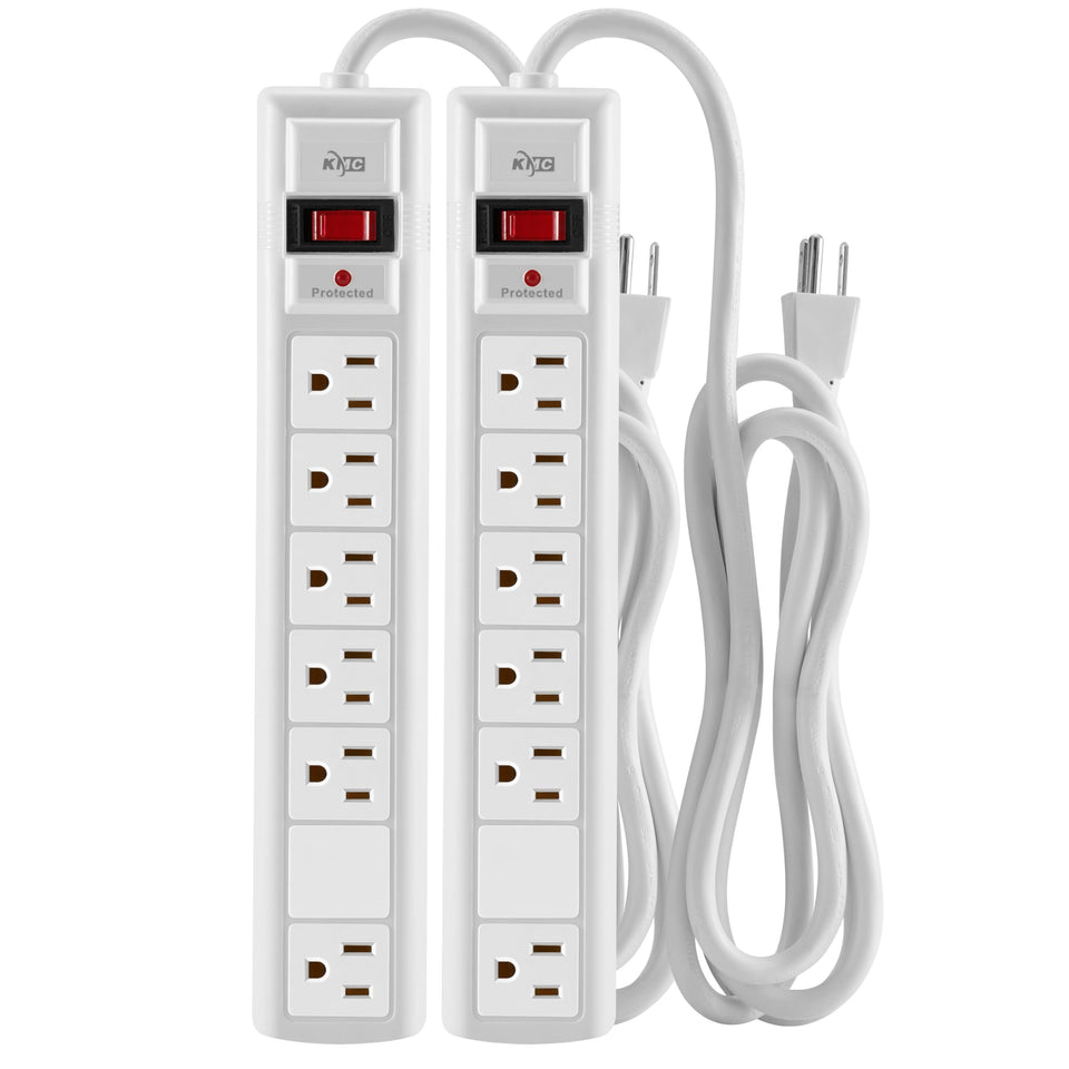 KMC two-pack six-outlet surge protector front view for organized power