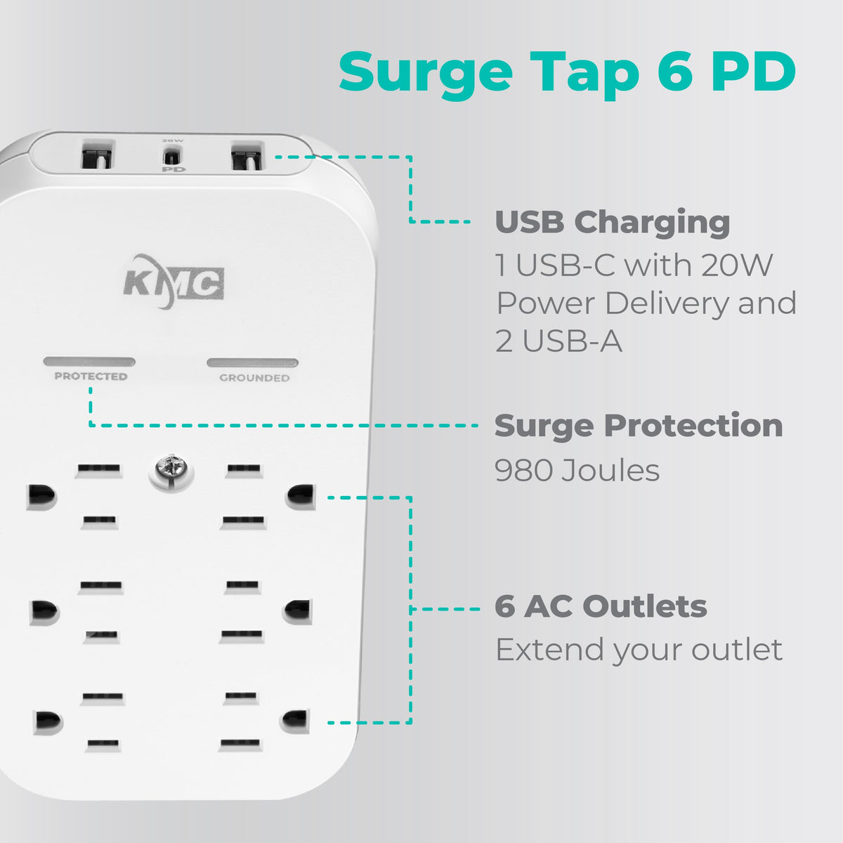 KMC USB-C PD 20W port enables quick charging for phones and tablets.
