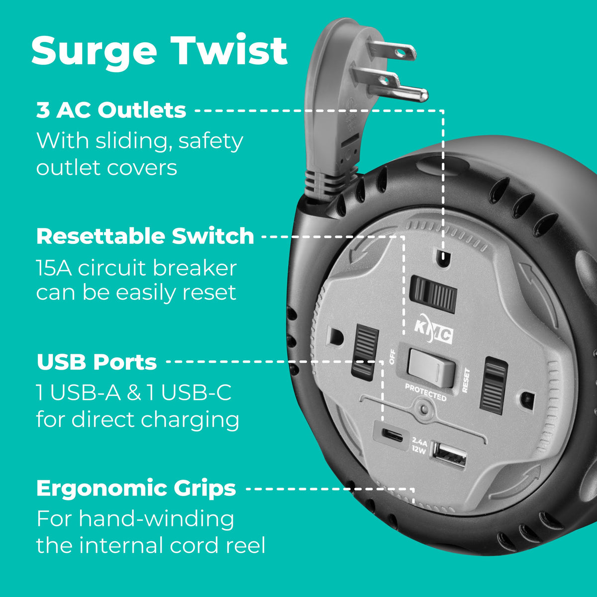 KMC USB-C and USB-A ports enable quick charging for phones and accessories.