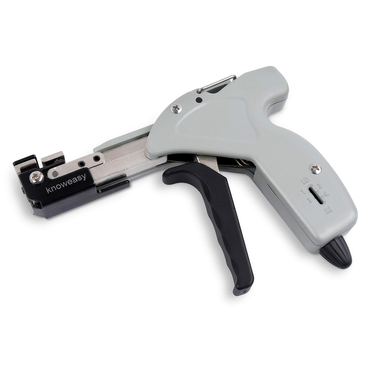 Knoweasy front view of cable tie gun showing full tool and ergonomic grip benefit
