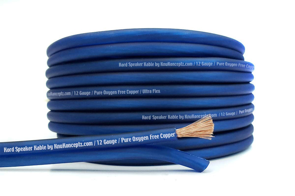 KnuKonceptz Kord 12 AWG OFC speaker wire on a blue spool for clean audio connections.