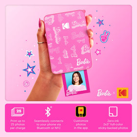 Kodak Barbie instant printer side view highlighting portable size for travel.