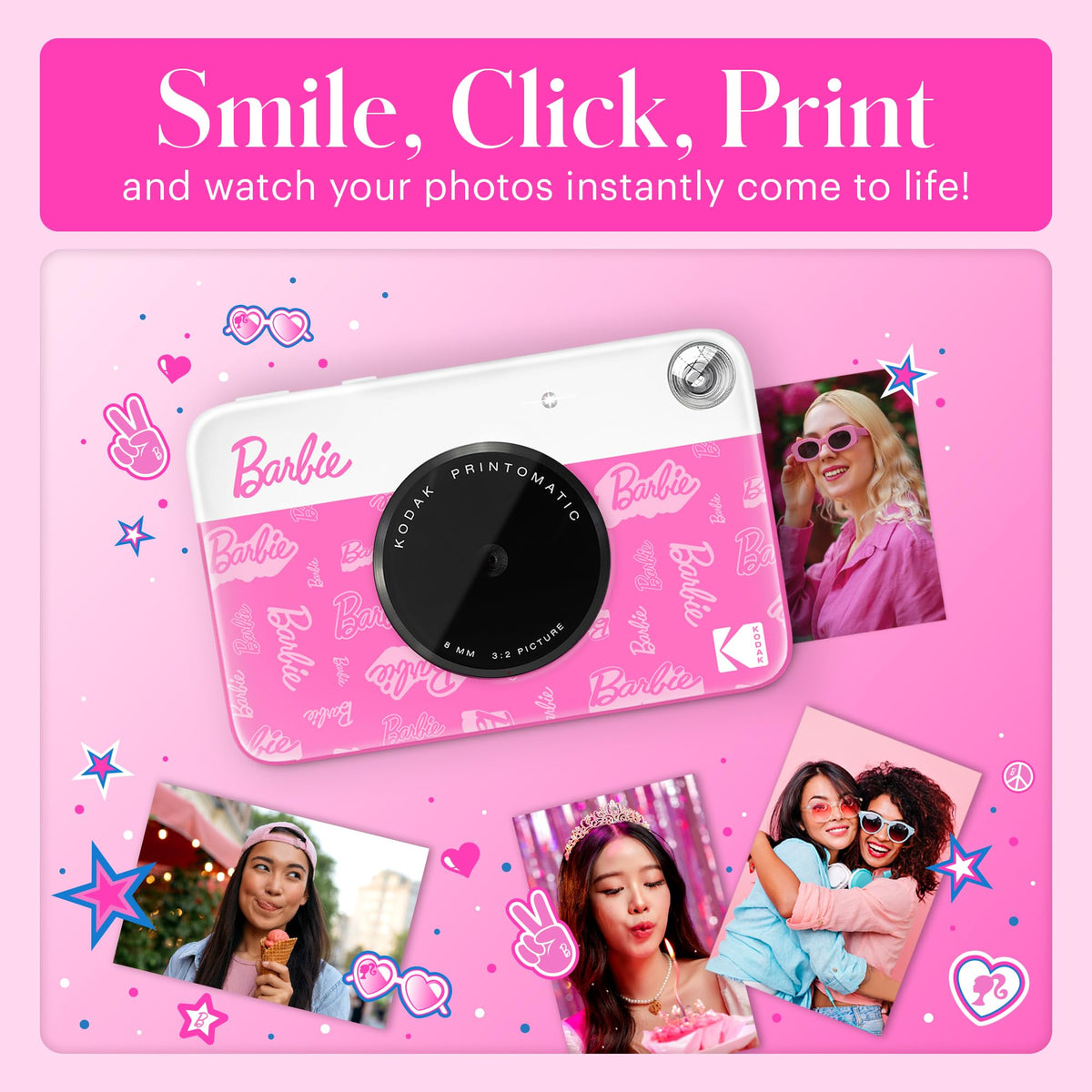 Kodak Barbie Printomatic paper detail emphasizes sticky-back convenience for quick sharing