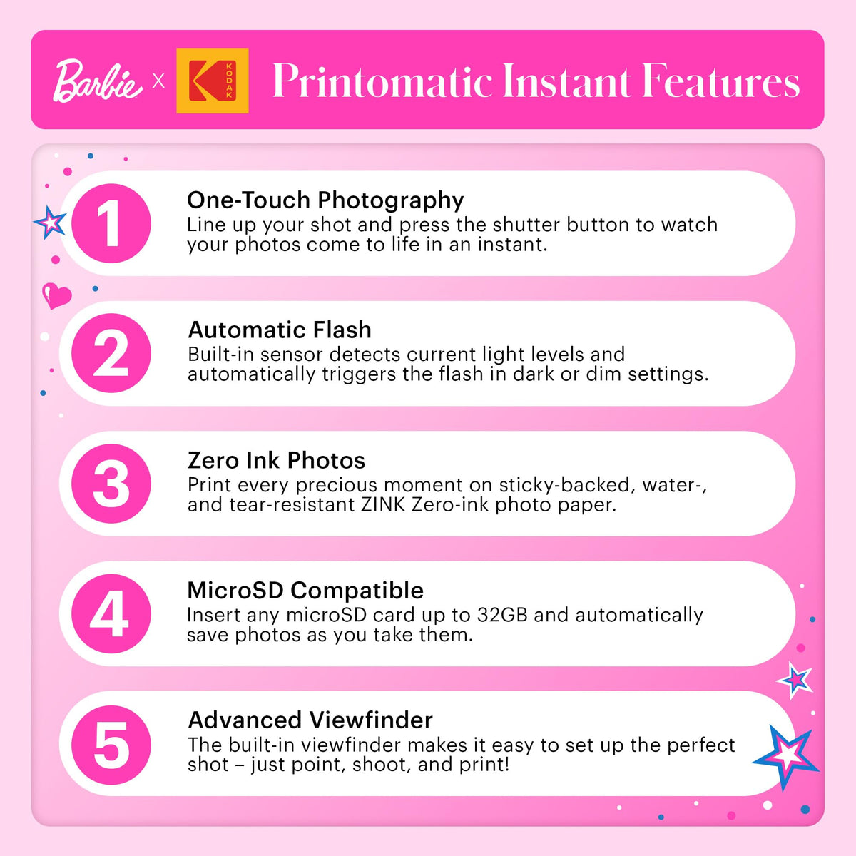 Kodak Barbie Printomatic SD-slot for saving keepsakes digitally when needed