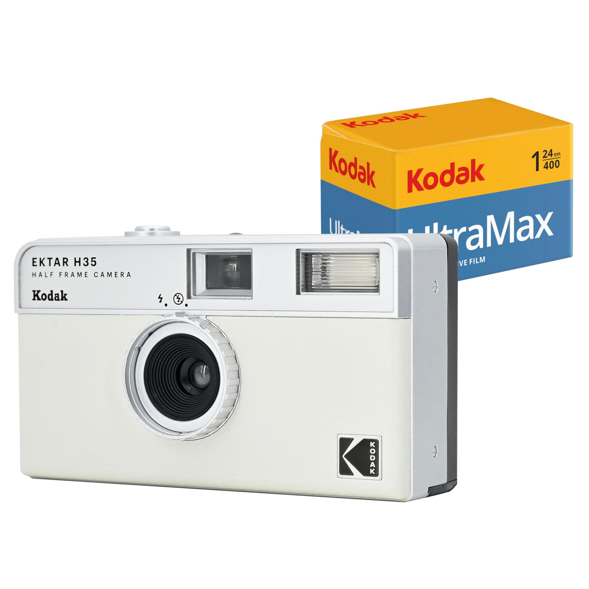 Kodak EKTAR H35 half-frame camera in a white pack, portable and beginner-friendly for everyday photography.
