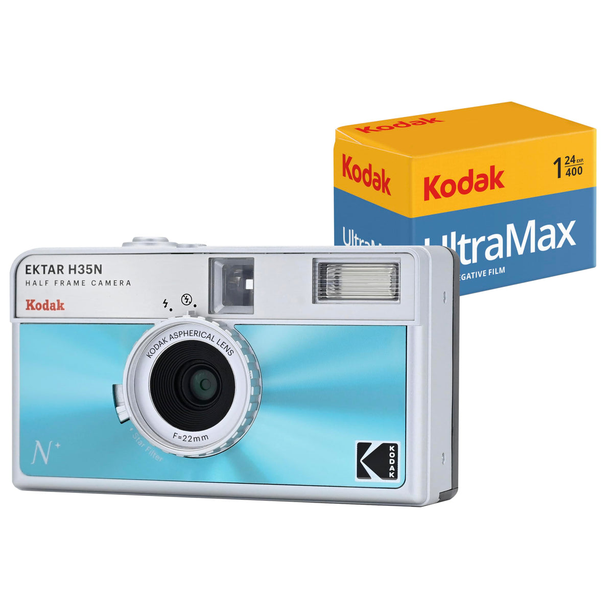 Kodak EKTAR H35N camera with glazed blue front view highlighting compact half-frame design for daily use