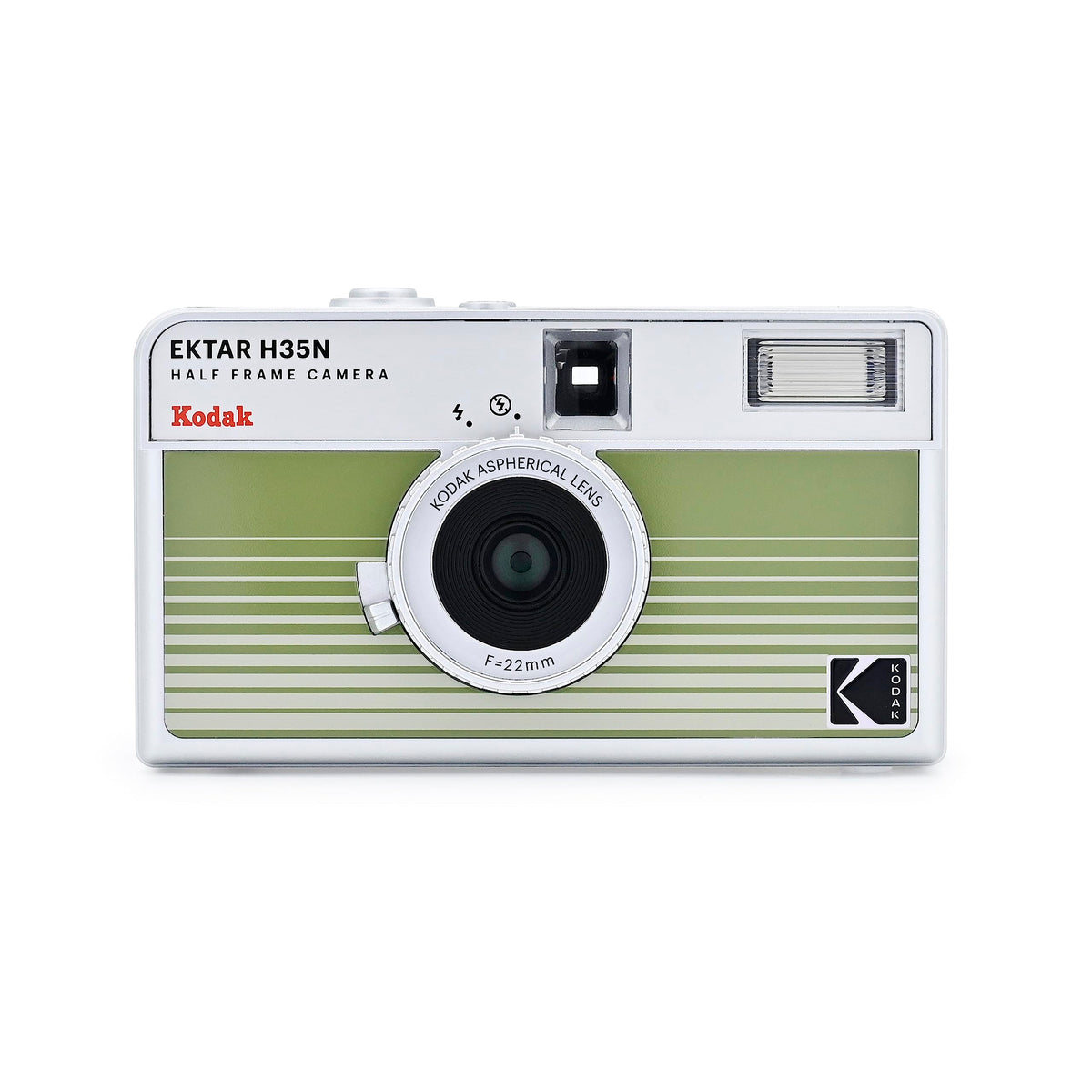 Kodak EKTAR H35N front view highlights striped green finish for street photography