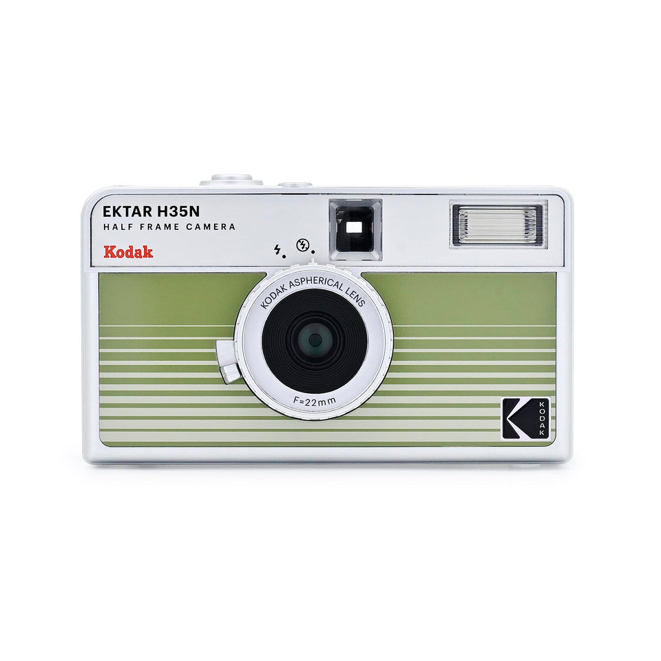Kodak EKTAR H35N front view highlights striped green finish for street photography