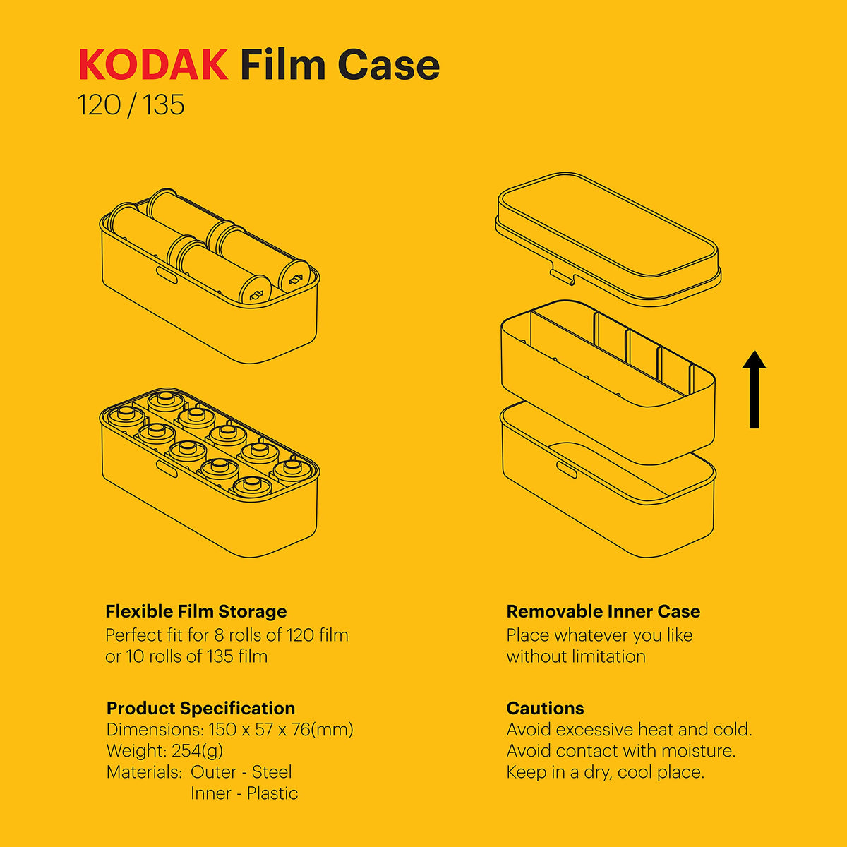KODAK case beside 35mm rolls showing scale and capacity for efficient packing