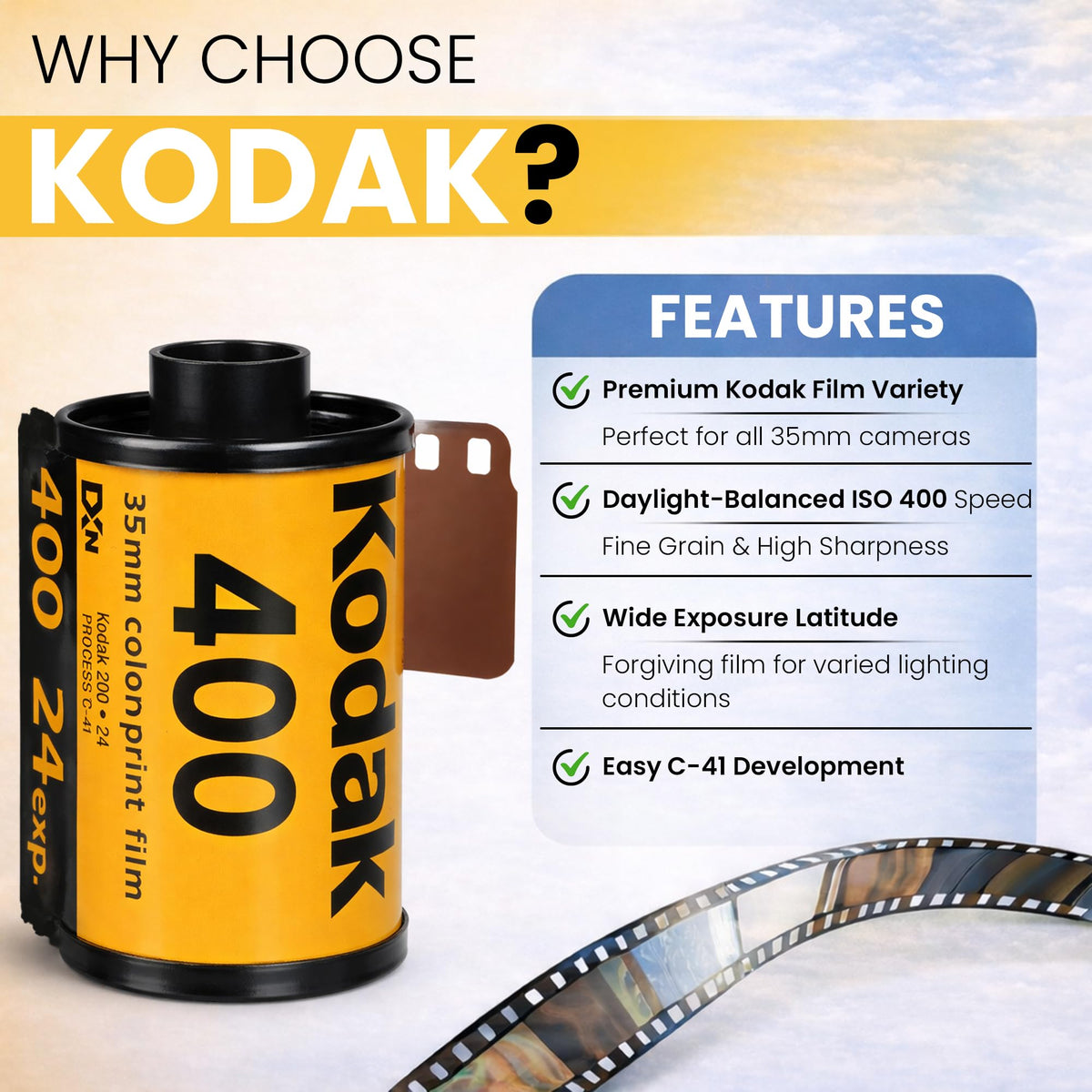 Kodak film leader detail showing Kodak branding and easy loading benefit