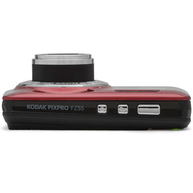 KODAK PIXPRO FZ55 red camera powered by Li-ion battery for on-the-go use.