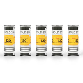 KODAK Gold 200 front packaging showing five sealed 120 rolls and clear labeling, reliable storage