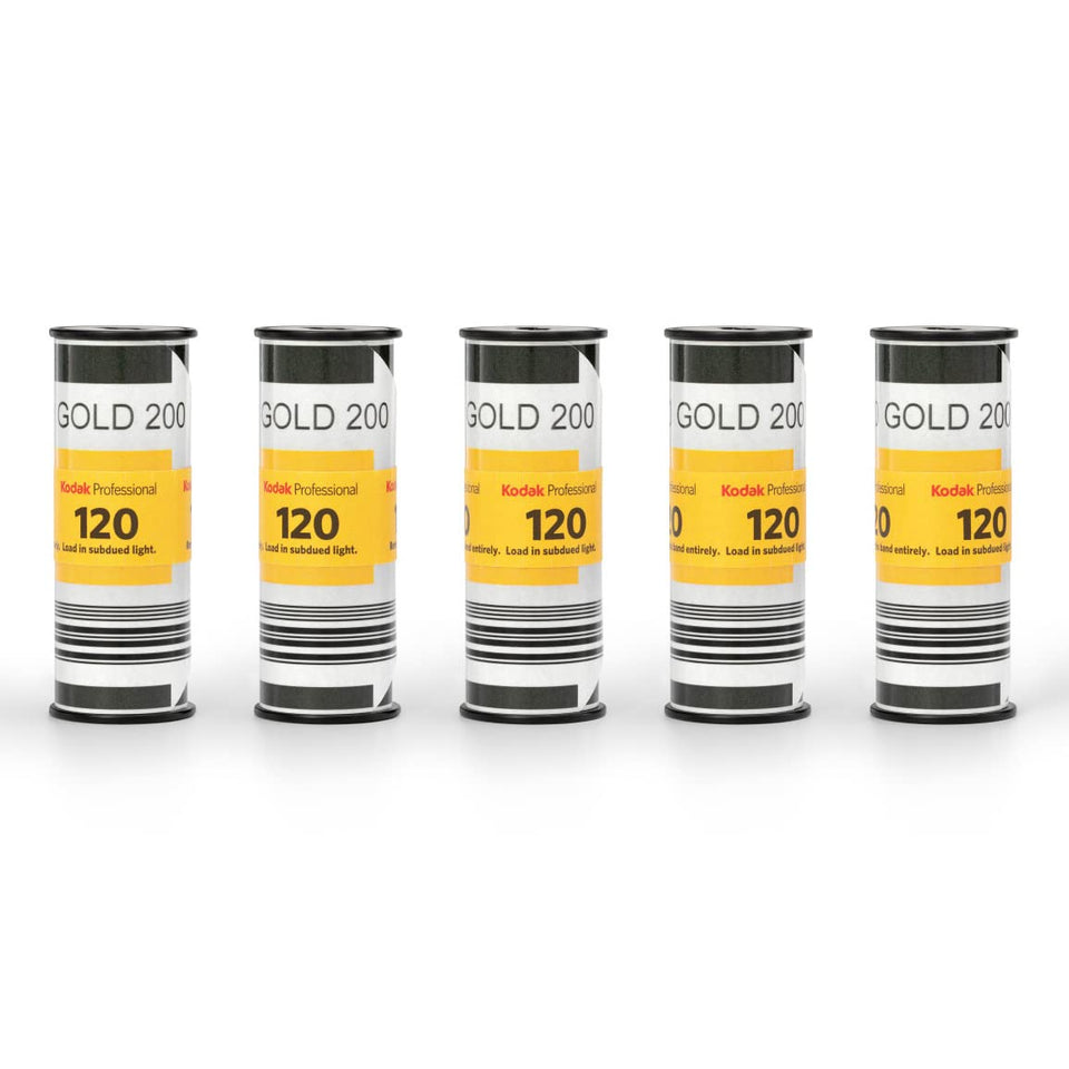 KODAK Gold 200 front packaging showing five sealed 120 rolls and clear labeling, reliable storage