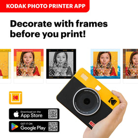 Kodak Mini Shot 3 Retro app interface with filters and frames.