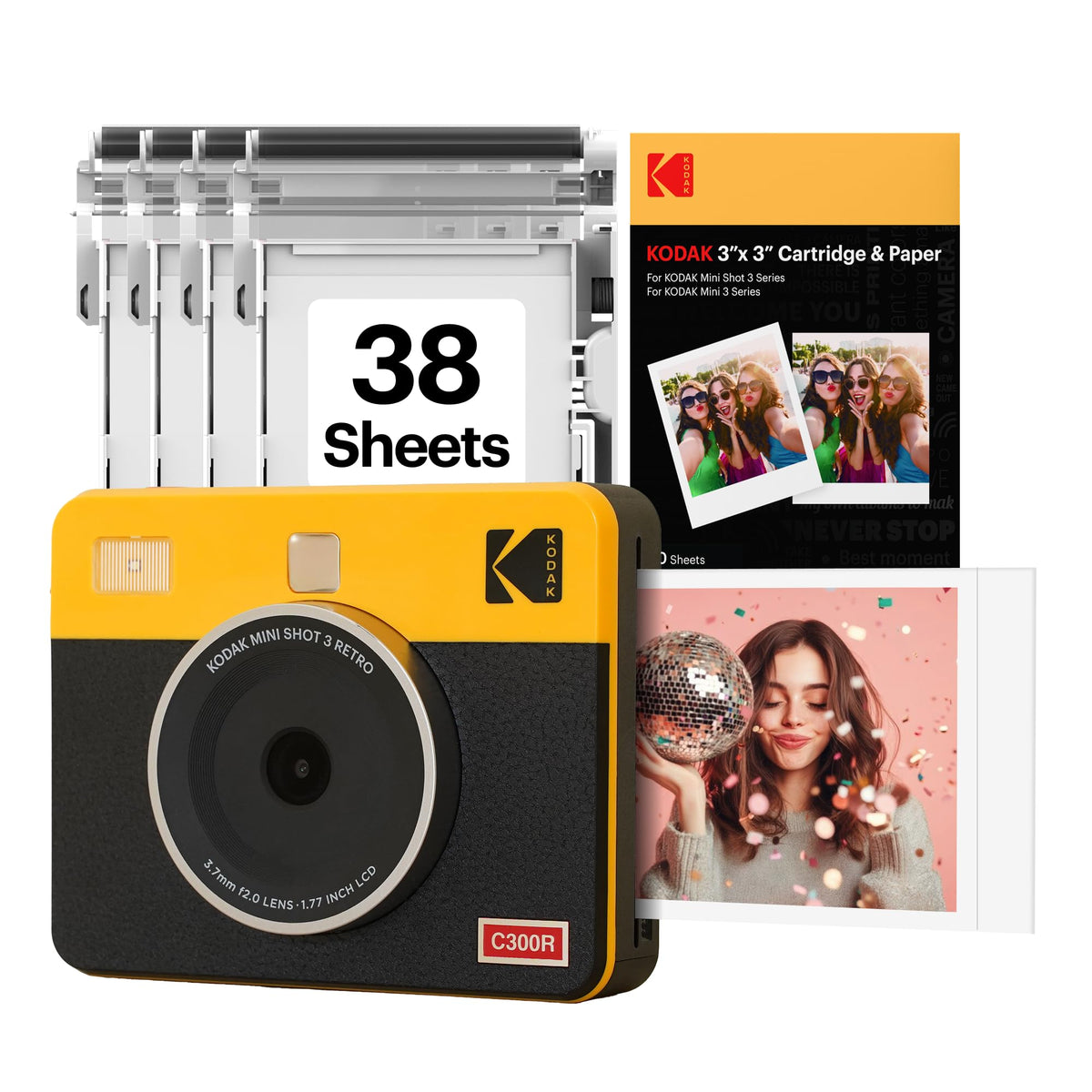KODAK Mini Shot 3 Retro camera front view delivering instant 3x3 prints.