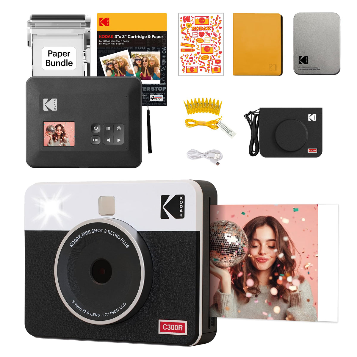 KODAK Mini Shot 3 Retro front view showcases its compact, white design for easy handling.