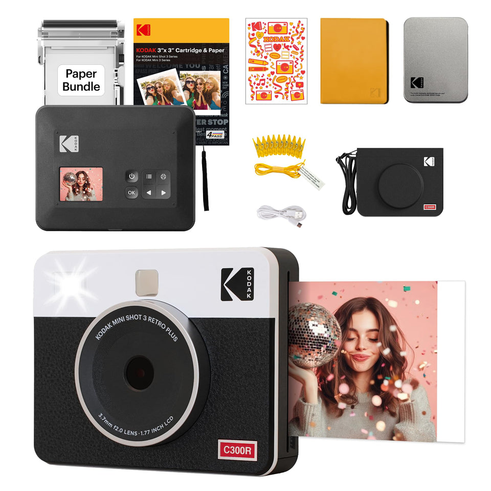 KODAK Mini Shot 3 Retro front view showcases its compact, white design for easy handling.