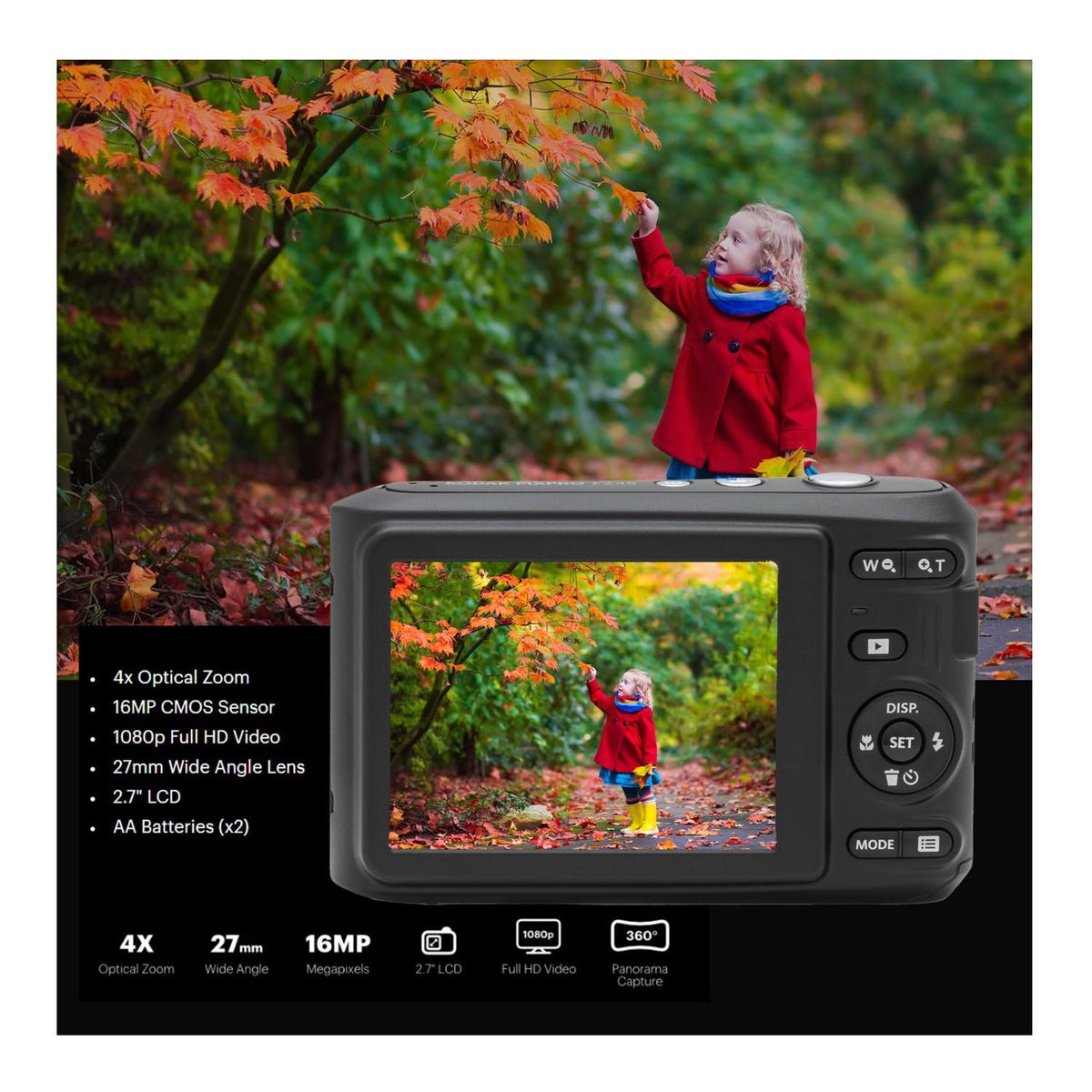 Kodak PIXPRO FZ45 27mm wide-angle lens fits group photos and landscapes.