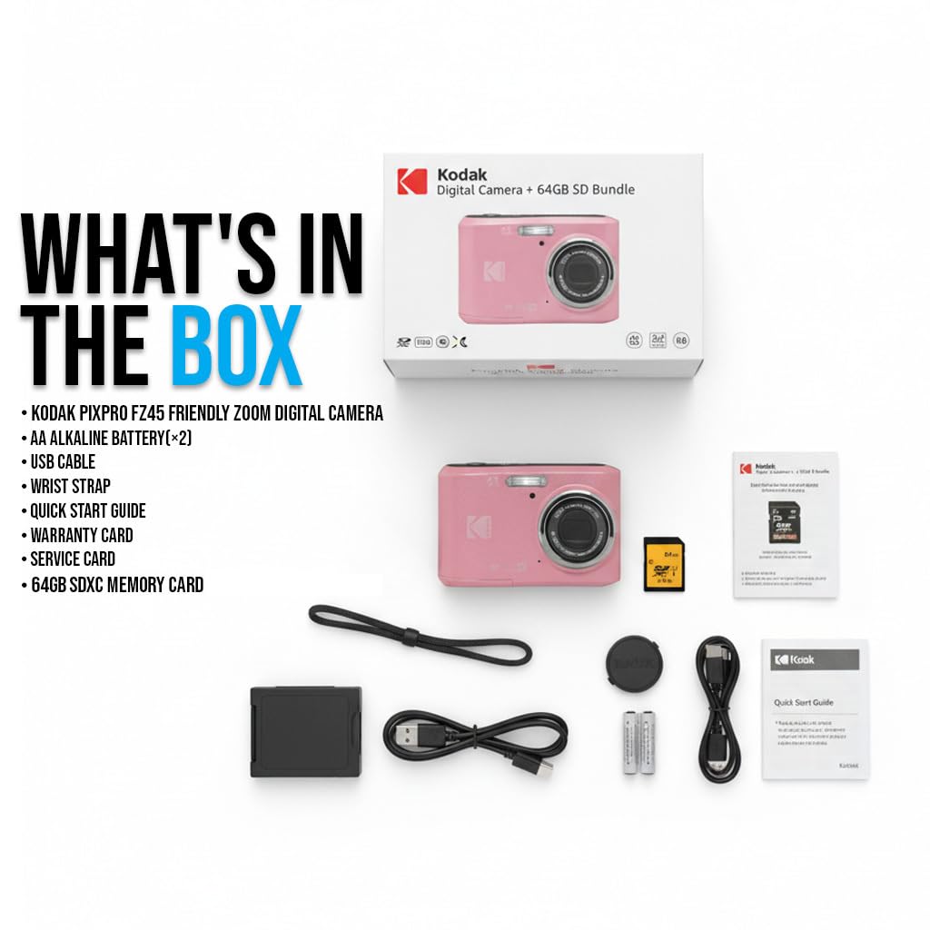 Kodak PixPro FZ45 bundle includes 64GB memory card for quick storage.