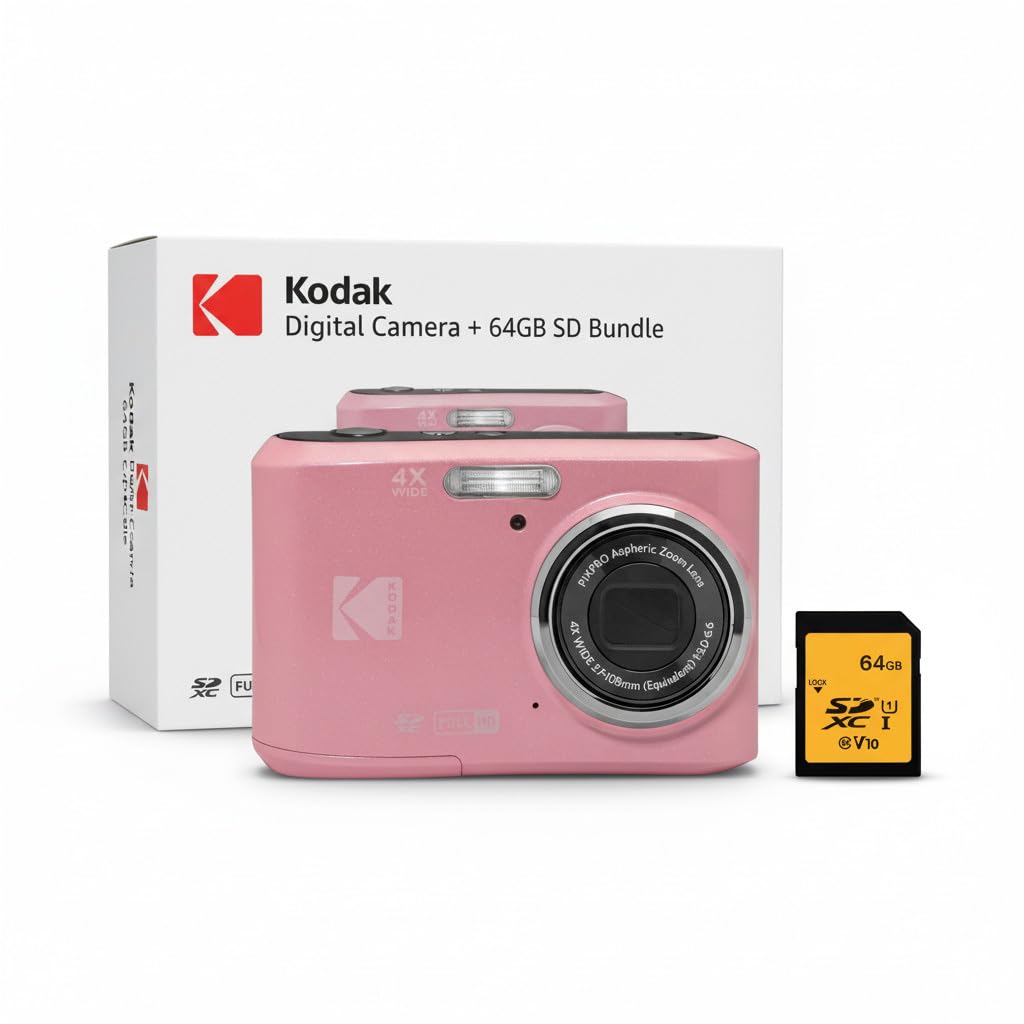 Kodak PIXPRO FZ45 pastel pink front view highlights the compact travel-ready design.