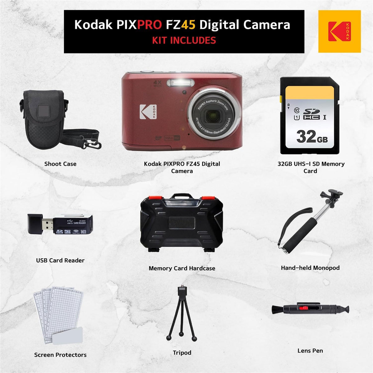 Kodak PIXPRO FZ45 side-angle highlights slim profile ideal for pocket carry.