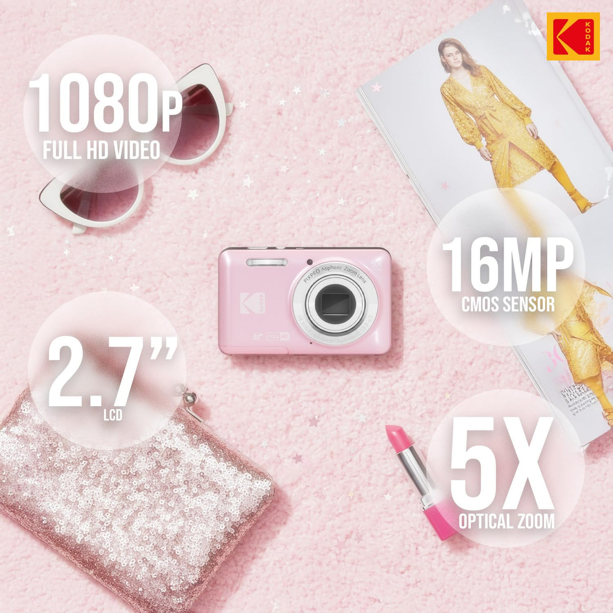 Kodak PixPro FZ55 records crisp 1080p video for smooth memories on the go.