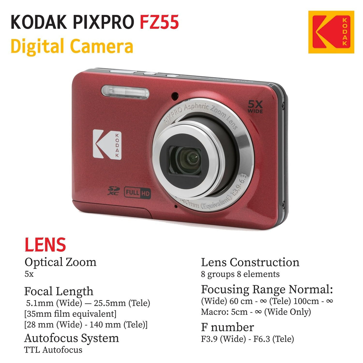 KODAK PIXPRO FZ55 bundle showing camera, 32GB SD card, case, and reader.